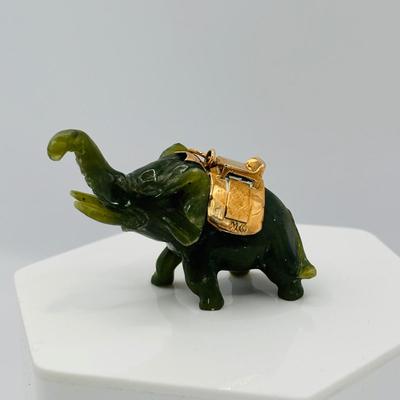 LOT 305:Vintage Large Carved Nephite Jade Elephant Good Luck Amulet/Pendant/Charm with 14K Gold Saddle 2" Wide adn 1.5" High...
