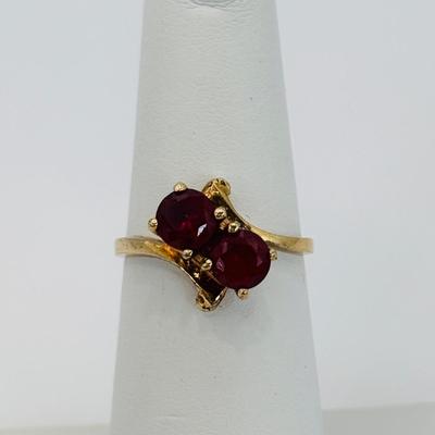 LOT 307: 10K Gold Double Gem /Lab Created Ruby Ring Size 5 - 2 gtw