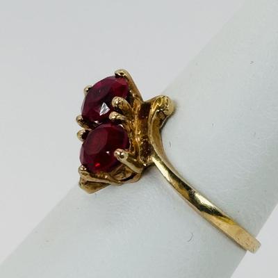 LOT 307: 10K Gold Double Gem /Lab Created Ruby Ring Size 5 - 2 gtw