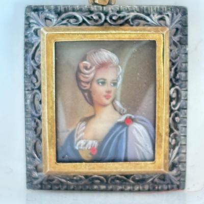 LOT 308: Antique Miniature Hand Painted Portrait Pendant Necklace in 800 Silver and 750 18K Gold on Bail, 14k Ortalia 20" Long...