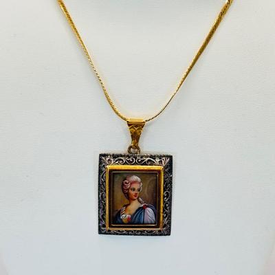 LOT 308: Antique Miniature Hand Painted Portrait Pendant Necklace in 800 Silver and 750 18K Gold on Bail, 14k Ortalia 20" Long...