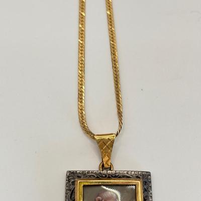 LOT 308: Antique Miniature Hand Painted Portrait Pendant Necklace in 800 Silver and 750 18K Gold on Bail, 14k Ortalia 20" Long...