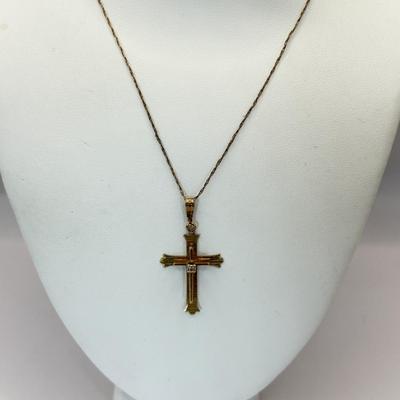 LOT 312: Vintage 14k Gold 22" Long Chain with Diamond Chip Cross Pendant 2.2 gtw