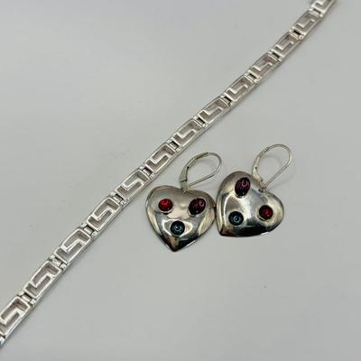 LOT 315: Sterling Silver 925 Pierced Heart Shaped Earrings with Gemstones and Sterling Silver 925 Greek Key Design Braclet with Saftey...