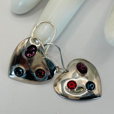 LOT 315: Sterling Silver 925 Pierced Heart Shaped Earrings with Gemstones and Sterling Silver 925 Greek Key Design Braclet with Saftey...