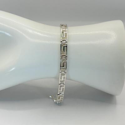 LOT 315: Sterling Silver 925 Pierced Heart Shaped Earrings with Gemstones and Sterling Silver 925 Greek Key Design Braclet with Saftey...