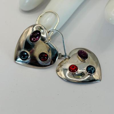 LOT 315: Sterling Silver 925 Pierced Heart Shaped Earrings with Gemstones and Sterling Silver 925 Greek Key Design Braclet with Saftey...