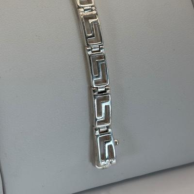 LOT 315: Sterling Silver 925 Pierced Heart Shaped Earrings with Gemstones and Sterling Silver 925 Greek Key Design Braclet with Saftey...