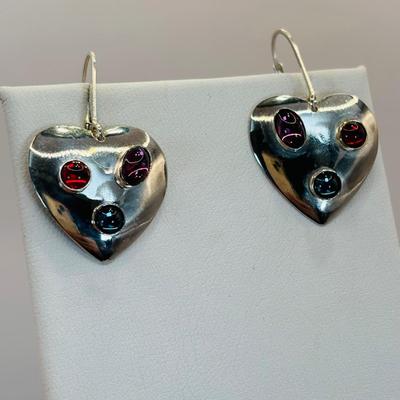 LOT 315: Sterling Silver 925 Pierced Heart Shaped Earrings with Gemstones and Sterling Silver 925 Greek Key Design Braclet with Saftey...