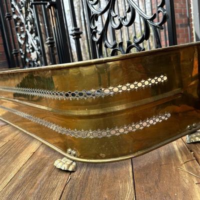 Antique Brass Fireplace Fender and Matching Log Holder/Carrier