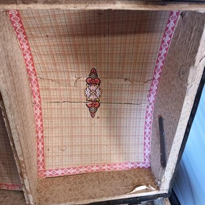 ANTIQUE TRUNK WITH DECORATIVE TIN AND LEATHER STRAPS