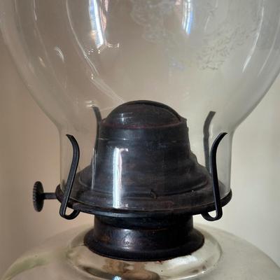 Two Etched Glass Hurricane Lamps