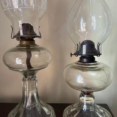 Two Etched Glass Hurricane Lamps