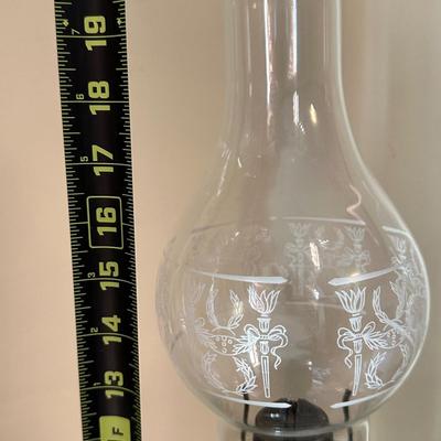 Two Etched Glass Hurricane Lamps