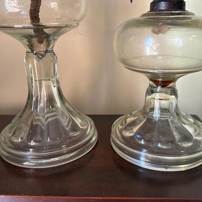 Two Etched Glass Hurricane Lamps
