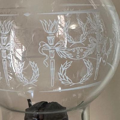 Two Etched Glass Hurricane Lamps