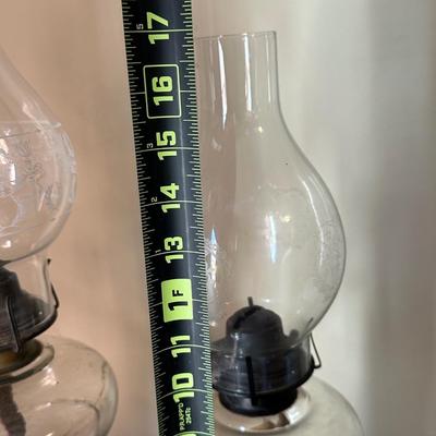 Two Etched Glass Hurricane Lamps