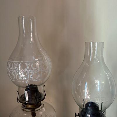 Two Etched Glass Hurricane Lamps