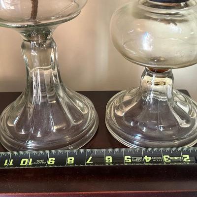 Two Etched Glass Hurricane Lamps