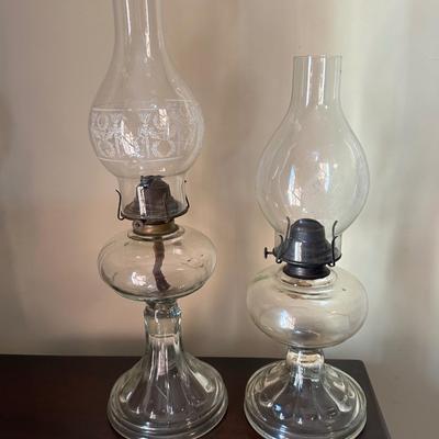 Two Etched Glass Hurricane Lamps