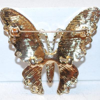 Blue, Green & Clear Stones Butterfly BROOCH (2" x 1 ¾") on a Gold Tone Setting