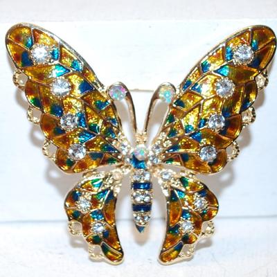 Blue, Green & Clear Stones Butterfly BROOCH (2" x 1 ¾") on a Gold Tone Setting