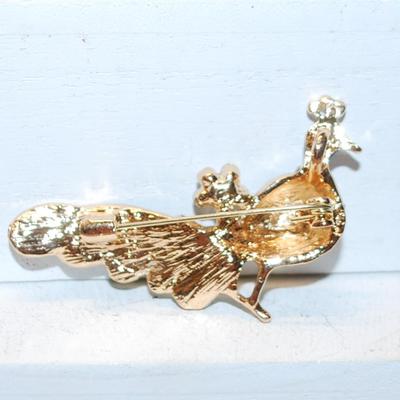 Yellow, Green & Blue Peacock BROOCH (2" x 1¼") on a Gold Tone Setting