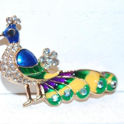Yellow, Green & Blue Peacock BROOCH (2" x 1¼") on a Gold Tone Setting