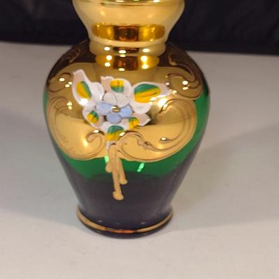 Hand Painted Emerald Glass Vase- Approx 4 1/4" Tall