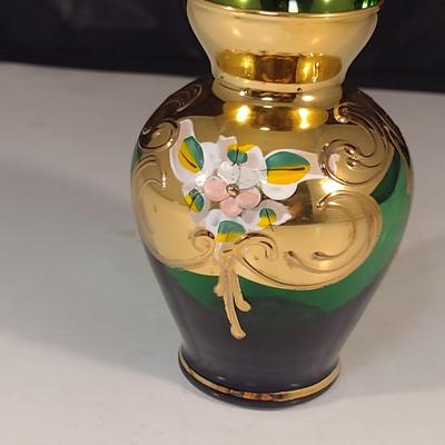 Hand Painted Emerald Glass Vase- Approx 4 1/4" Tall