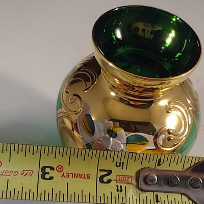 Hand Painted Emerald Glass Vase- Approx 4 1/4" Tall
