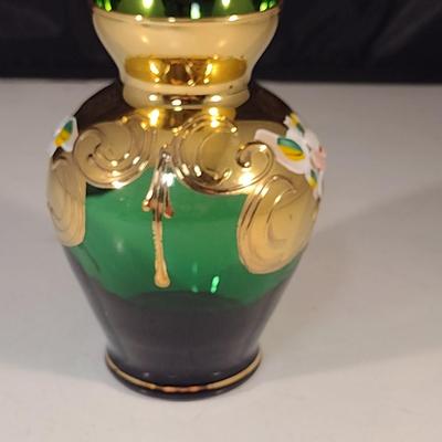 Hand Painted Emerald Glass Vase- Approx 4 1/4" Tall