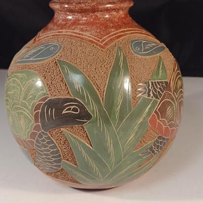 Carved Pottery Vase with Turtle Design- Possibly Nicaraguan- Approx 6 1/4" Tall