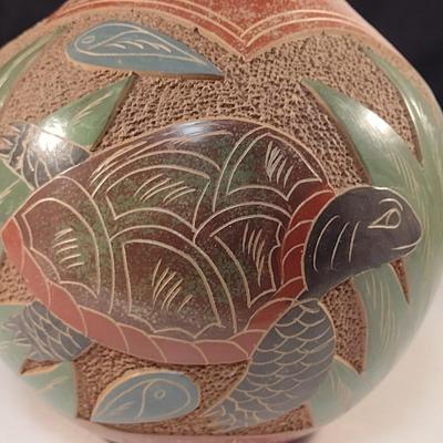 Carved Pottery Vase with Turtle Design- Possibly Nicaraguan- Approx 6 1/4" Tall