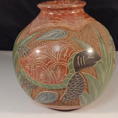 Carved Pottery Vase with Turtle Design- Possibly Nicaraguan- Approx 6 1/4" Tall