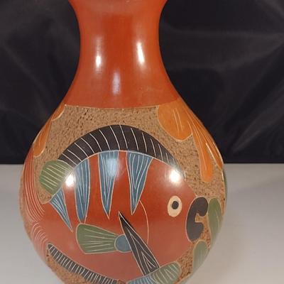 Carved Pottery Vase with Fish Design- Possibly Nicaraguan- Approx 8" Tall
