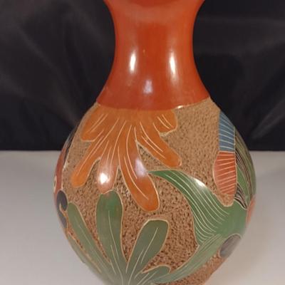 Carved Pottery Vase with Fish Design- Possibly Nicaraguan- Approx 8" Tall