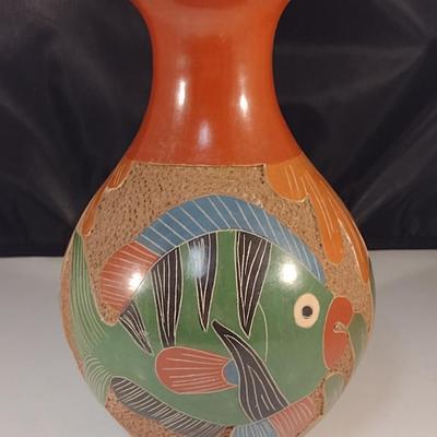 Carved Pottery Vase with Fish Design- Possibly Nicaraguan- Approx 8" Tall