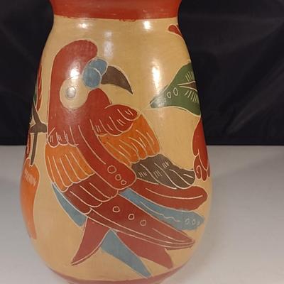 Carved Pottery Vase with Bird Design- Possibly Nicaraguan- Approx 7 3/4" Tall