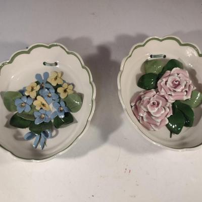 Pair of The California Cleminsons Hand Crafted Pottery Flower Design Wall Hangings