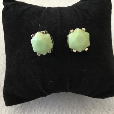 Large Silver-tone jadeite green faux stone stud earring