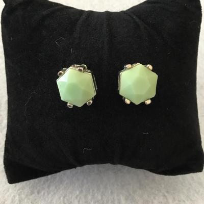 Large Silver-tone jadeite green faux stone stud earring