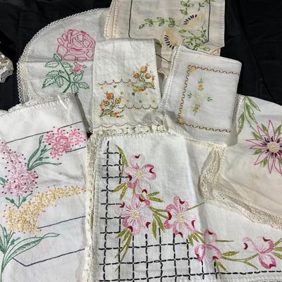 Lot of Pinks and Yellows and Greens embroidered linens including Dresser Scarves.