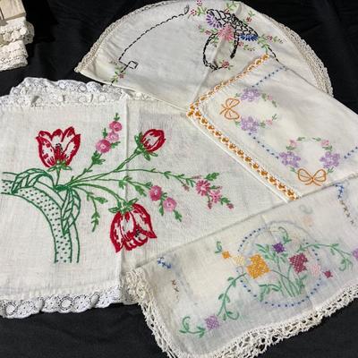 Lot of Pinks and Yellows and Greens embroidered linens including Dresser Scarves.