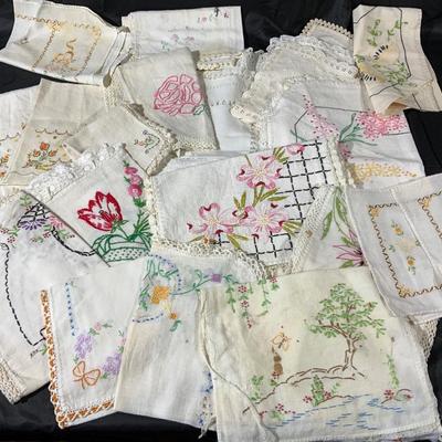 Lot of Pinks and Yellows and Greens embroidered linens including Dresser Scarves.