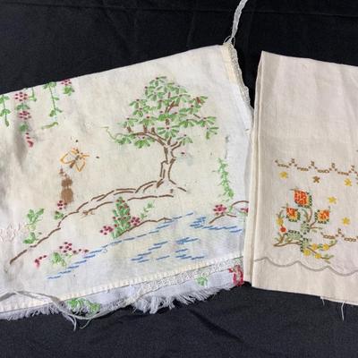 Lot of Pinks and Yellows and Greens embroidered linens including Dresser Scarves.