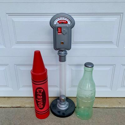 LOT 258 A: 1990's Plastic Coin Banks; Coca Cola Bottle, Red Crayola Crayon, & Parking Meter