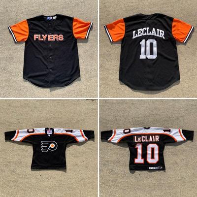 LOT 260 B: NHL Philadelphia Flyers John Leclair #10 CCM Jersey Size Junior Small / Medium & Starter Button Up T-Shirt Size Large
