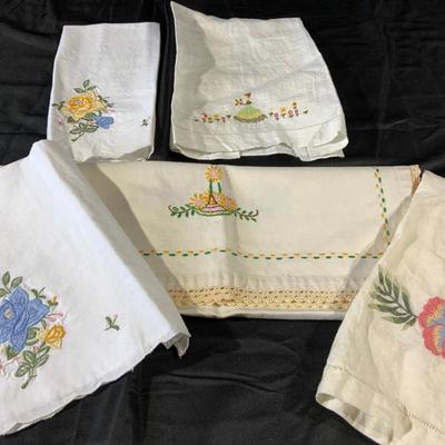 Lot of Pillowcases, sheets and dresser scarves.