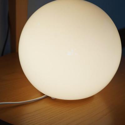 TWO CONTEMPORARY STYLE LAMPS/ ONE WHITE GLOBE FORM /OTHER SIMPLE CHROM SMALL TABLE LAMP